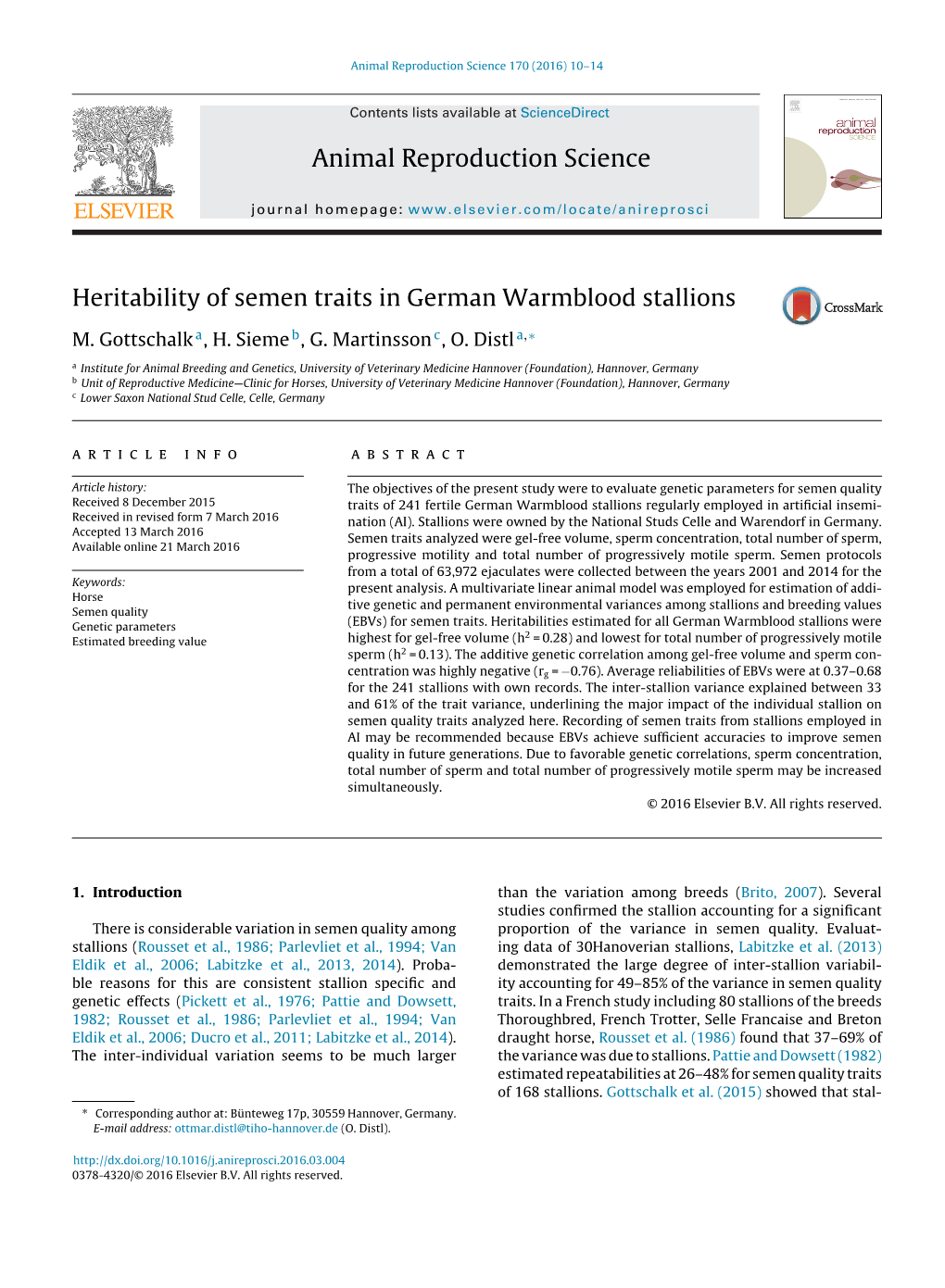 Heritability of Semen Traits in German Warmblood Stallions