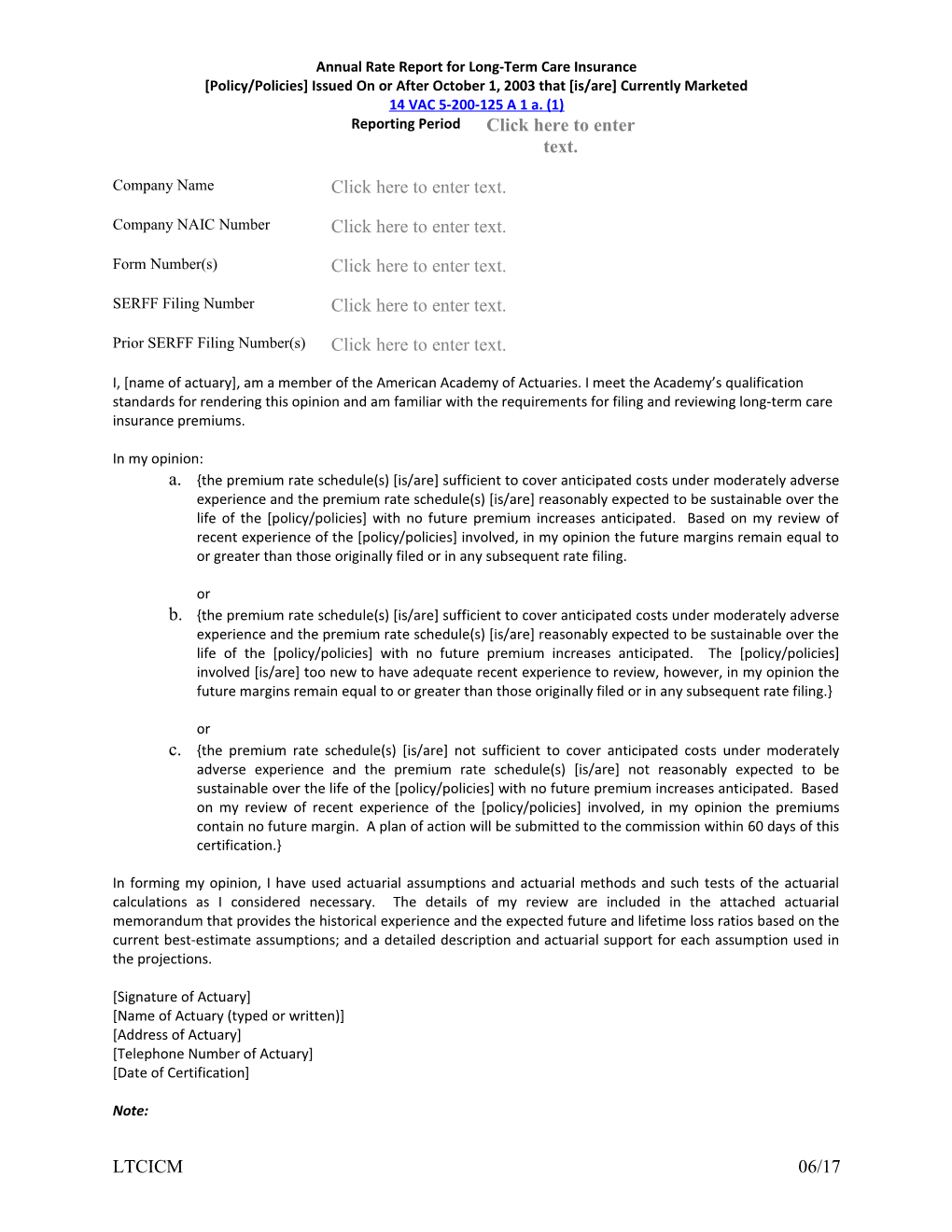 Annual Rate Report for Long-Term Care Insurance