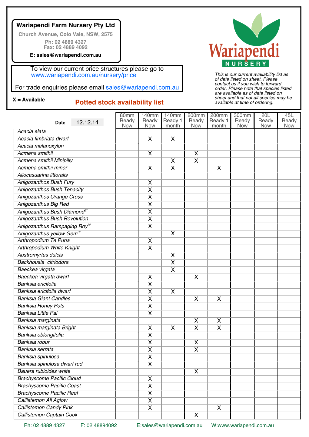 Potted Stock Availability List Available at Time of Ordering