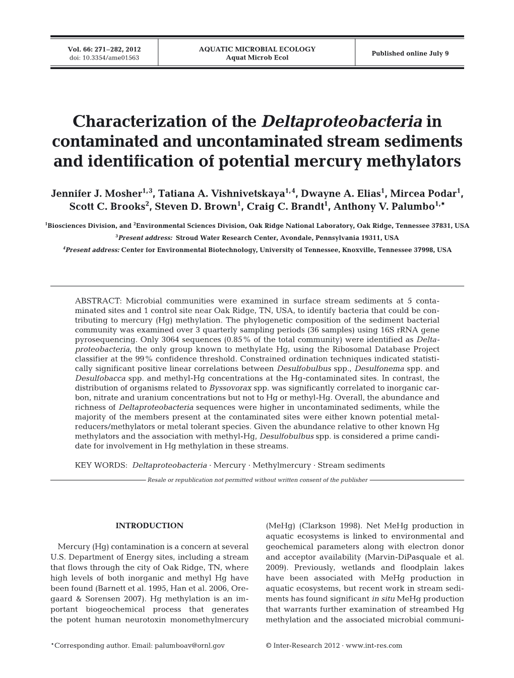 Characterization of the Deltaproteobacteria in Contaminated and Uncontaminated Stream Sediments and Identification of Potential Mercury Methylators