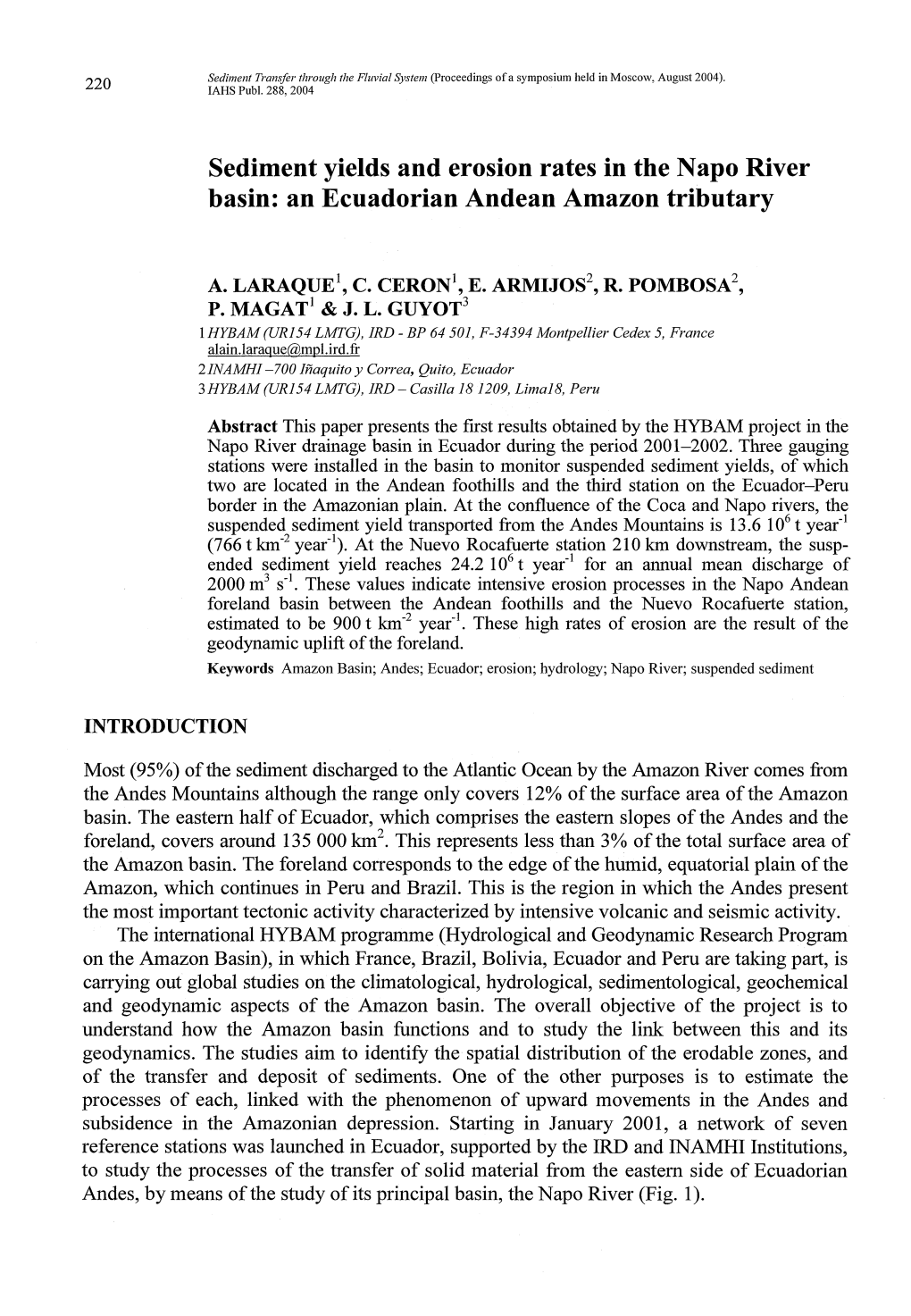 Sediment Yields and Erosion Rates in the Napo River Basin: an Ecuadorian Andean Amazon Tributary