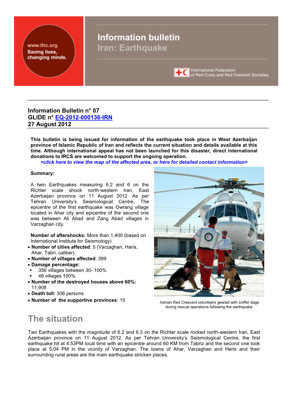 The Situation Information Bulletin Iran: Earthquake