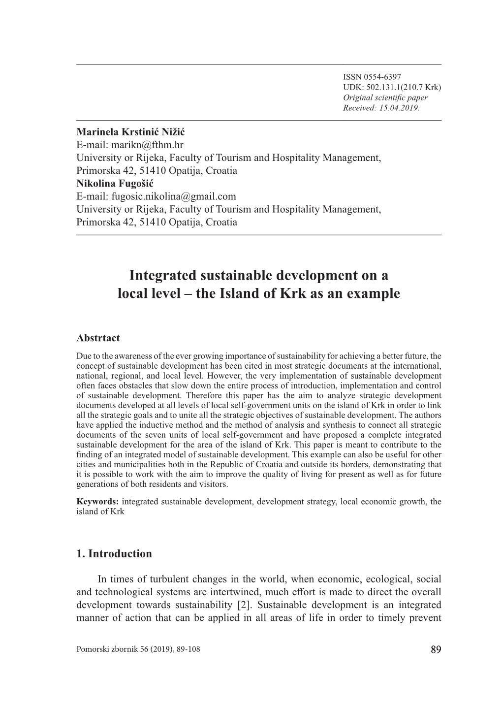 Integrated Sustainable Development on a Local Level – the Island of Krk As an Example