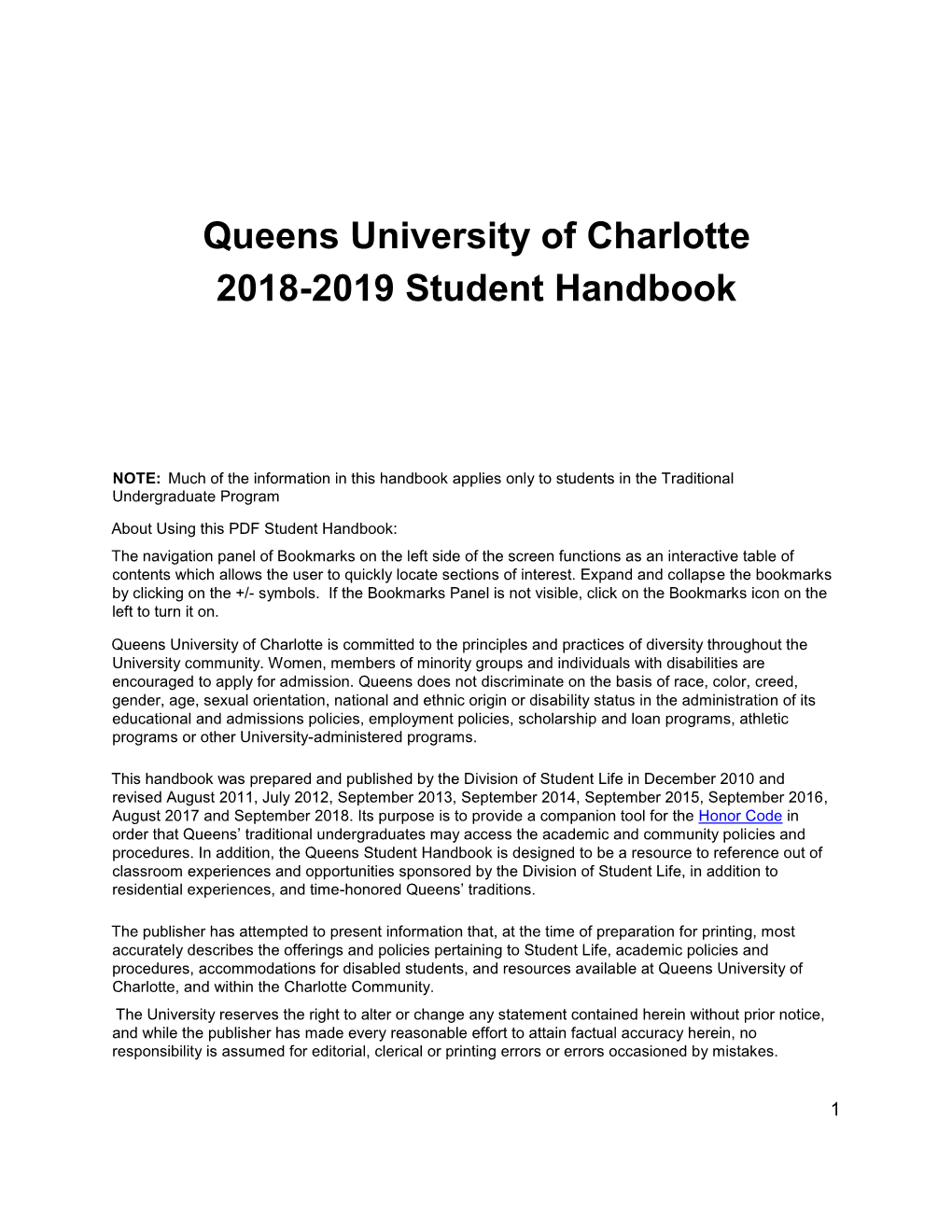 Queens University of Charlotte 2018-2019 Student Handbook