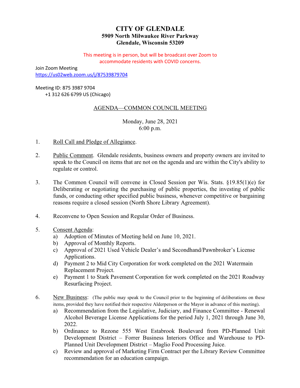 Common Council Meeting Agenda