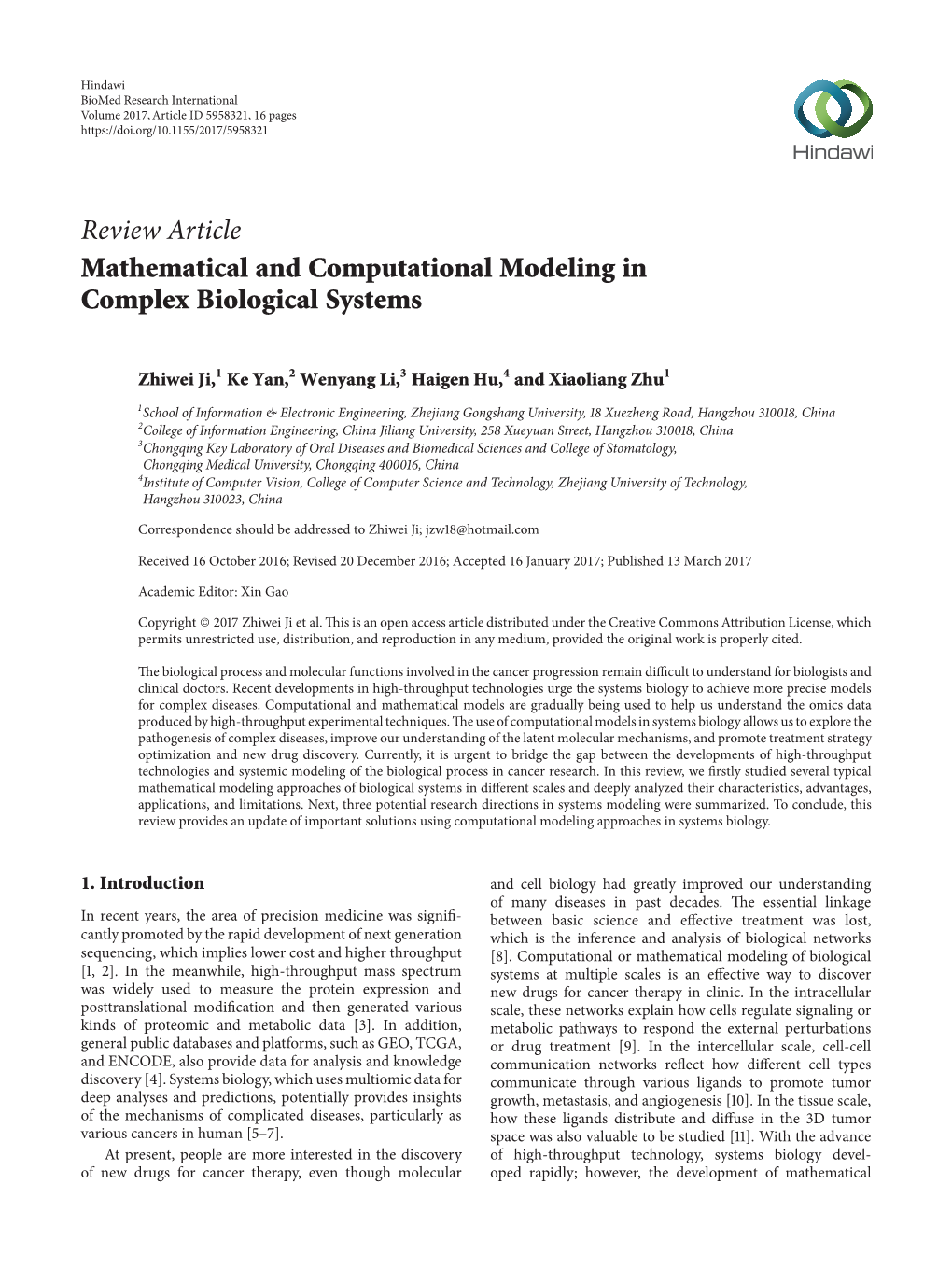 Review Article Mathematical and Computational Modeling in Complex Biological Systems