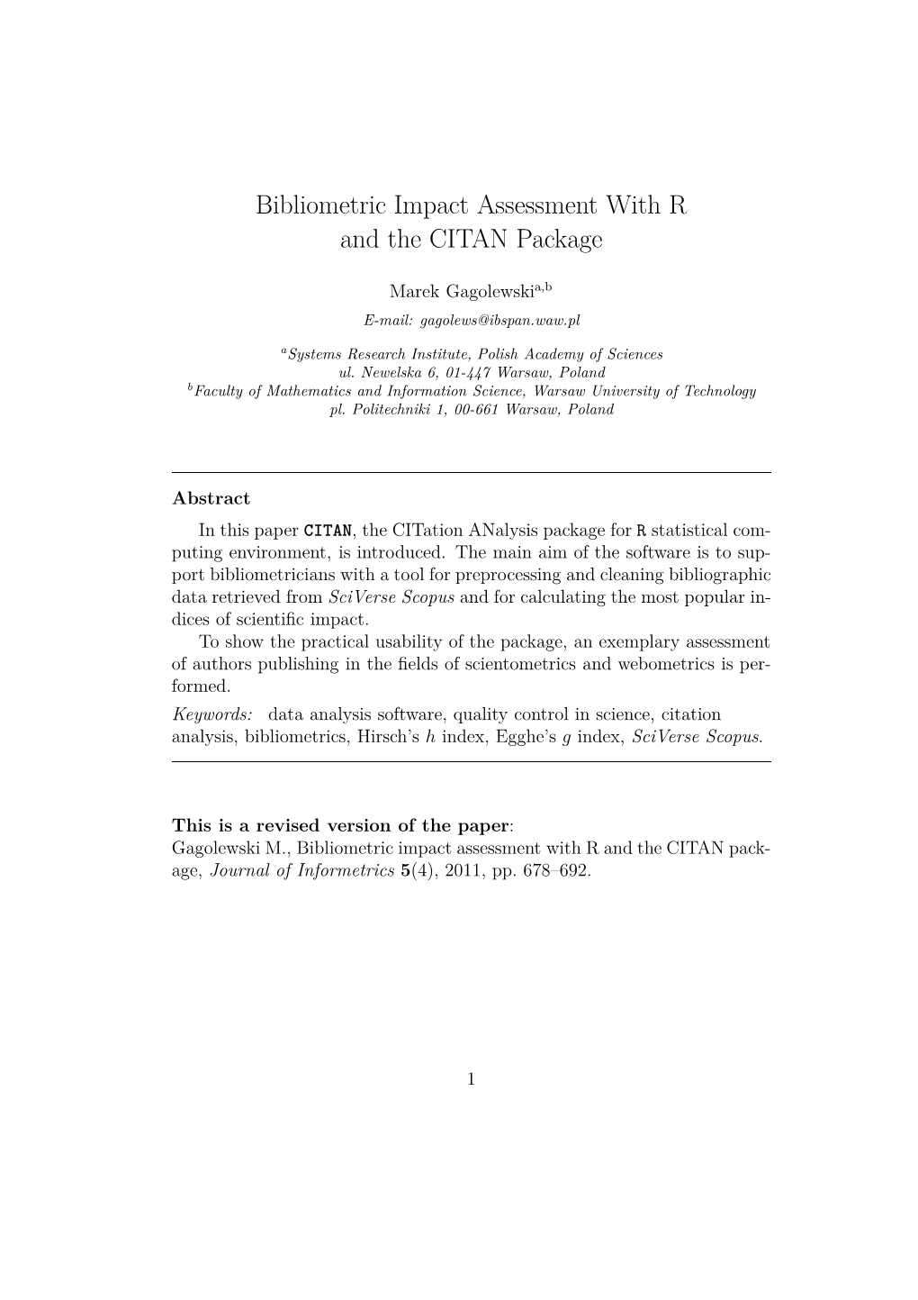 Bibliometric Impact Assessment with R and the CITAN Package