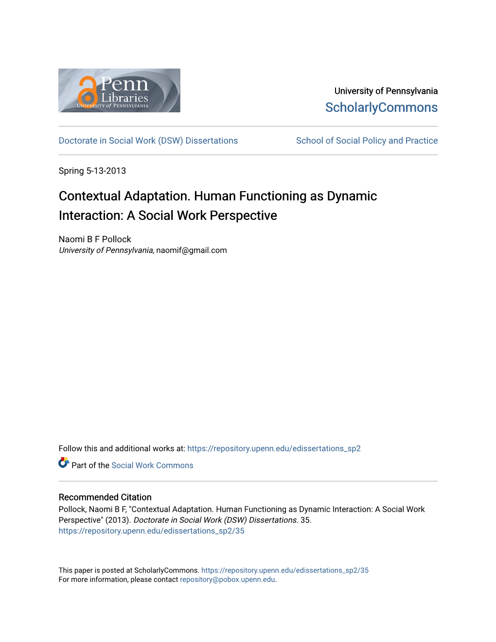 Contextual Adaptation. Human Functioning As Dynamic Interaction: a Social Work Perspective