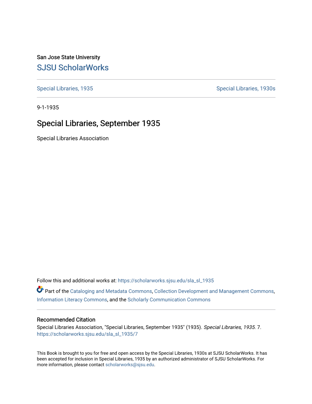 Special Libraries, September 1935