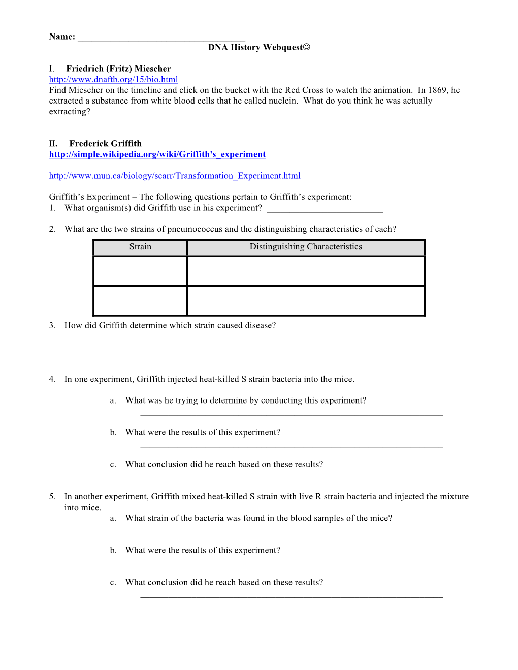 Name: DNA History Webquest I. Friedrich (Fritz) Miescher