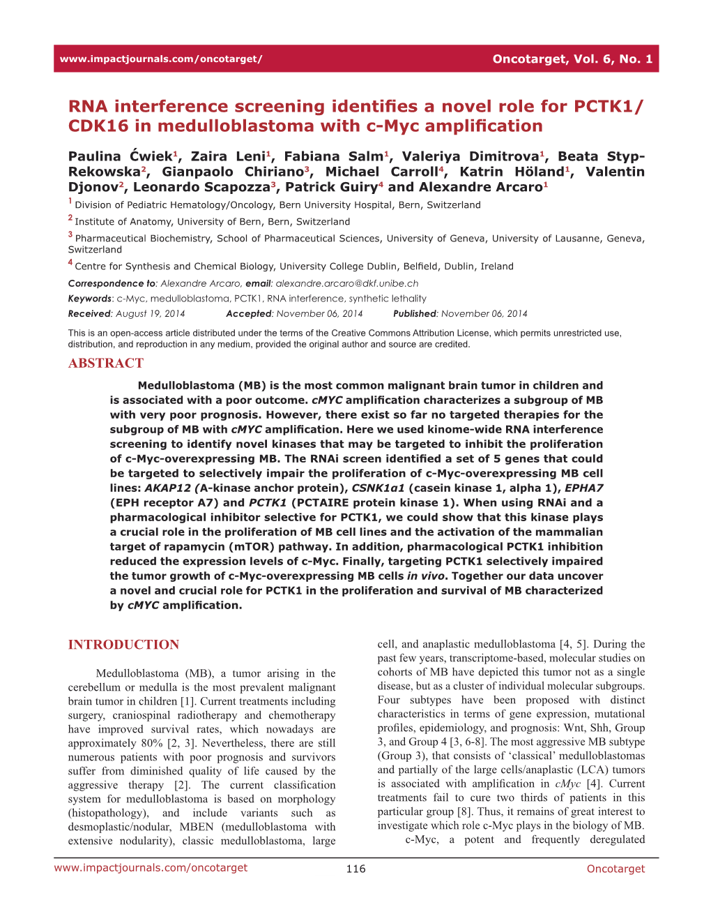 RNA Interference Screening Identifies a Novel Role for PCTK1/ CDK16 in Medulloblastoma with C-Myc Amplification