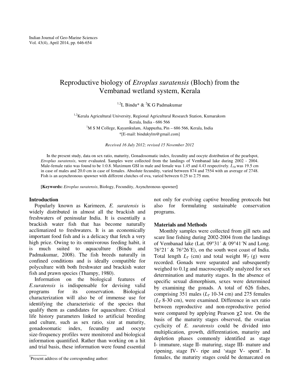 Reproductive Biology of Etroplus Suratensis (Bloch) from the Vembanad Wetland System, Kerala