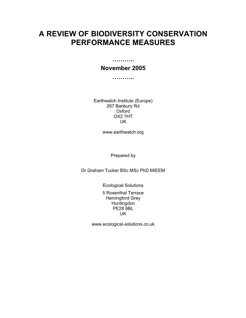 A Review of Biodiversity Conservation Performance Measures