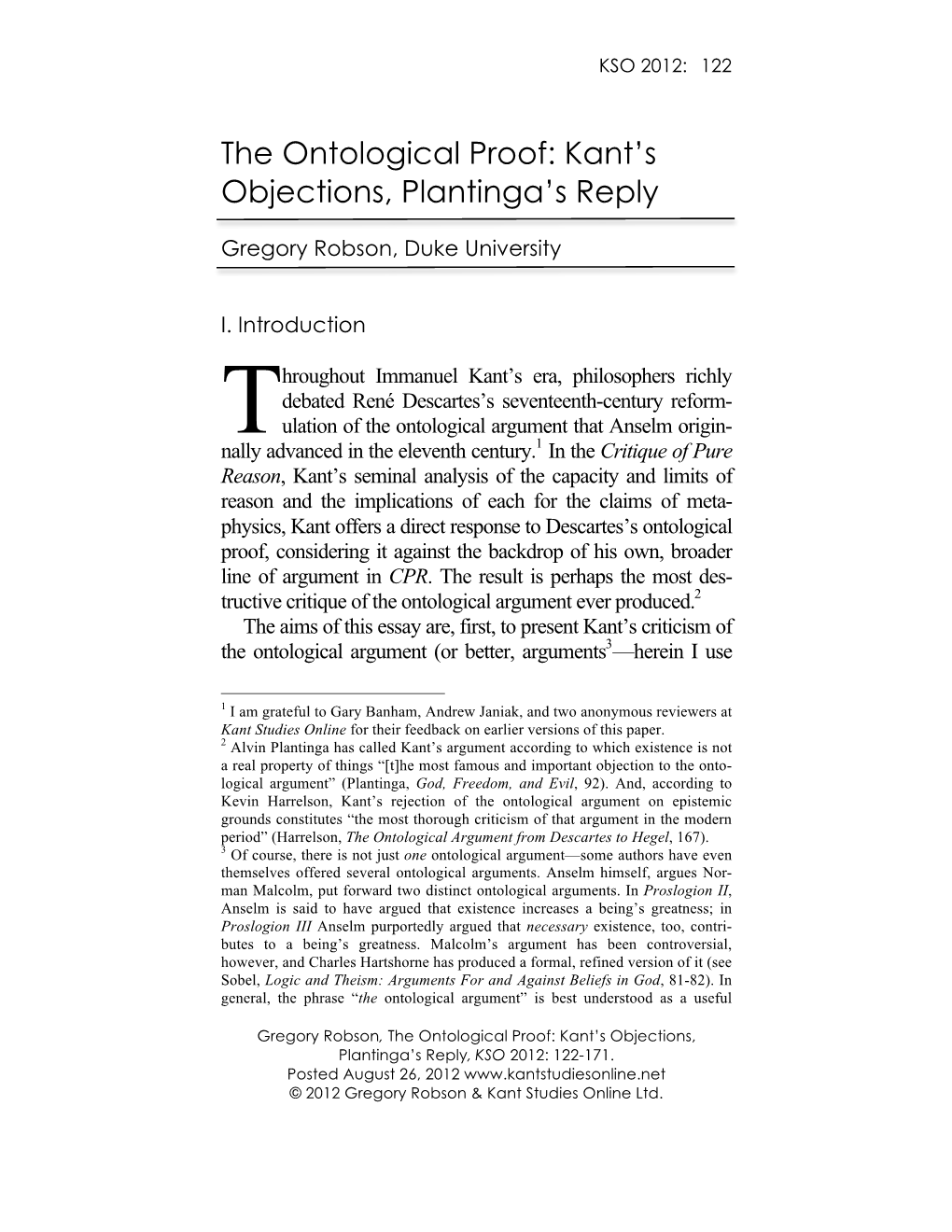 The Ontological Proof: Kant’S Objections, Plantinga’S Reply