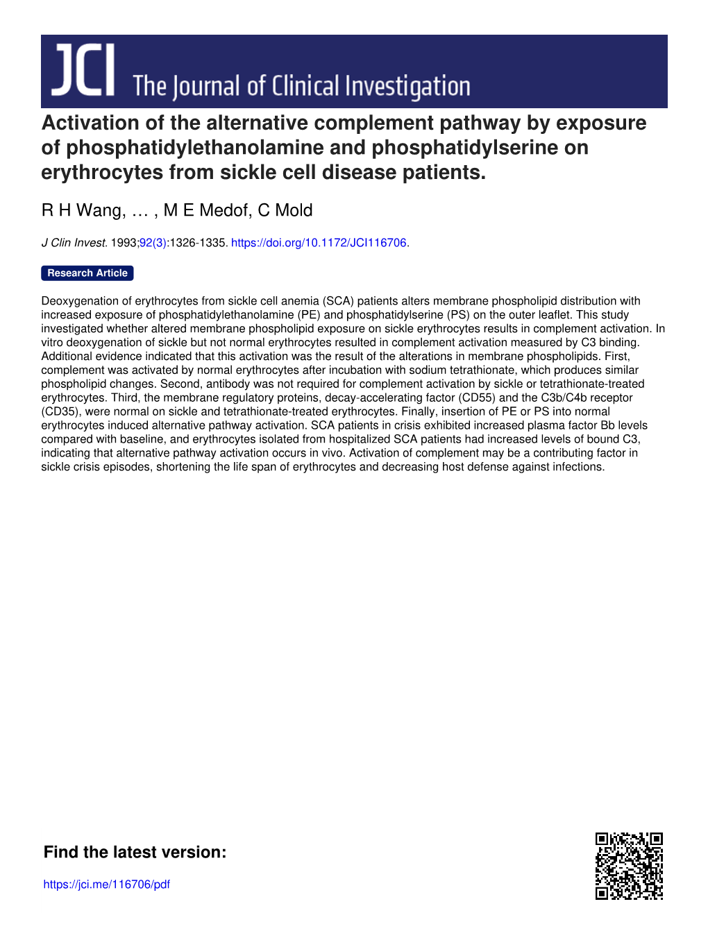 Activation of the Alternative Complement Pathway by Exposure of Phosphatidylethanolamine and Phosphatidylserine on Erythrocytes from Sickle Cell Disease Patients