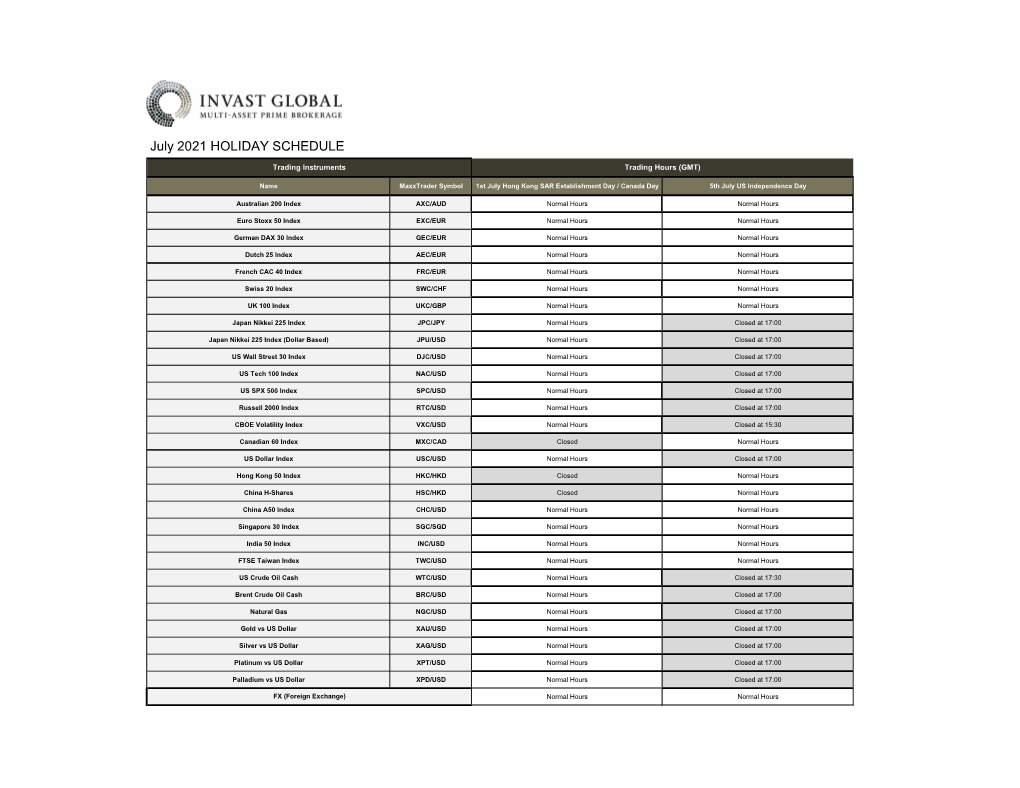 July 2021 HOLIDAY SCHEDULE