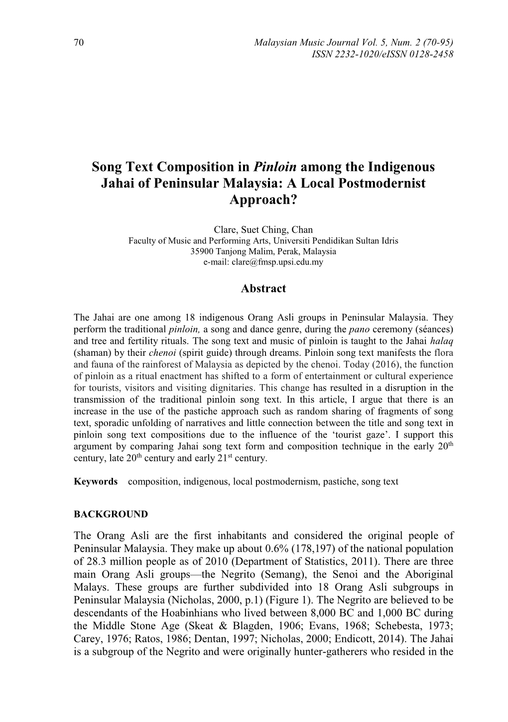 Song Text Composition in Pinloin Among the Indigenous Jahai of Peninsular Malaysia: a Local Postmodernist Approach?