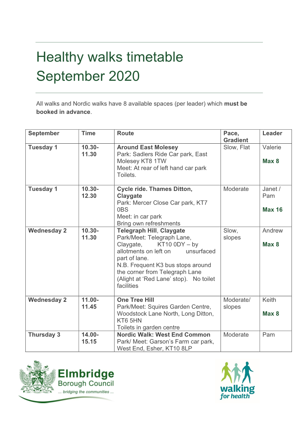 Healthy Walks Timetable September 2020