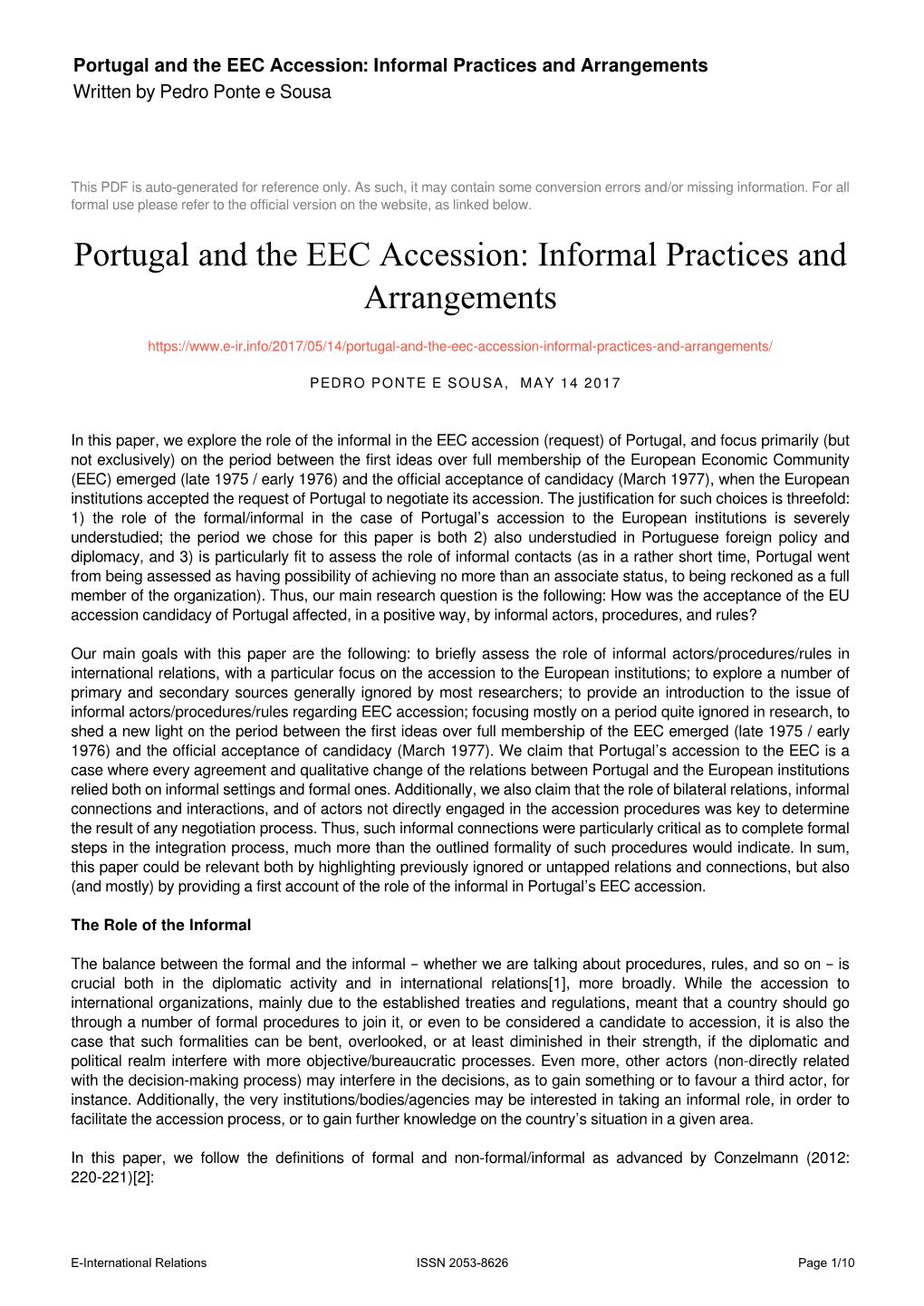 Informal Practices and Arrangements Written by Pedro Ponte E Sousa