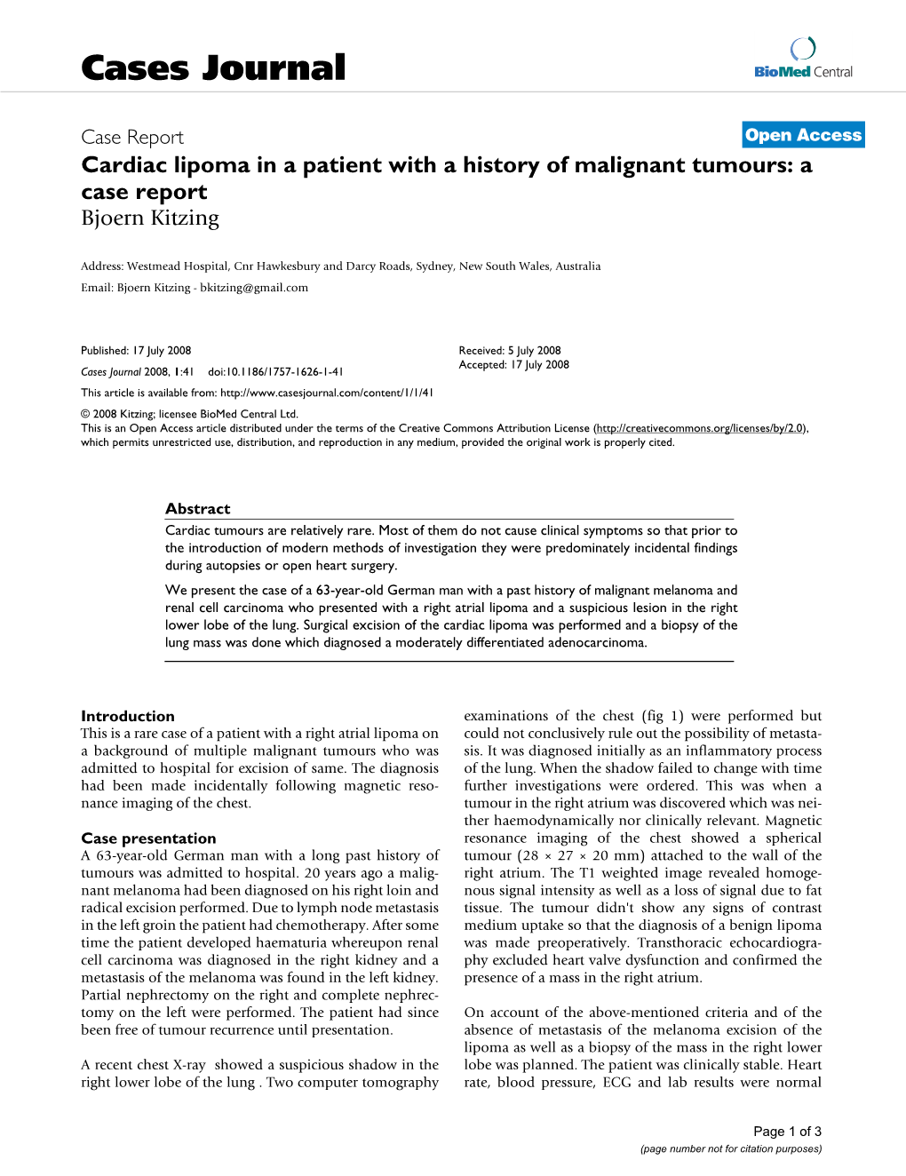 Cardiac Lipoma in a Patient with a History of Malignant Tumours: a Case Report Bjoern Kitzing