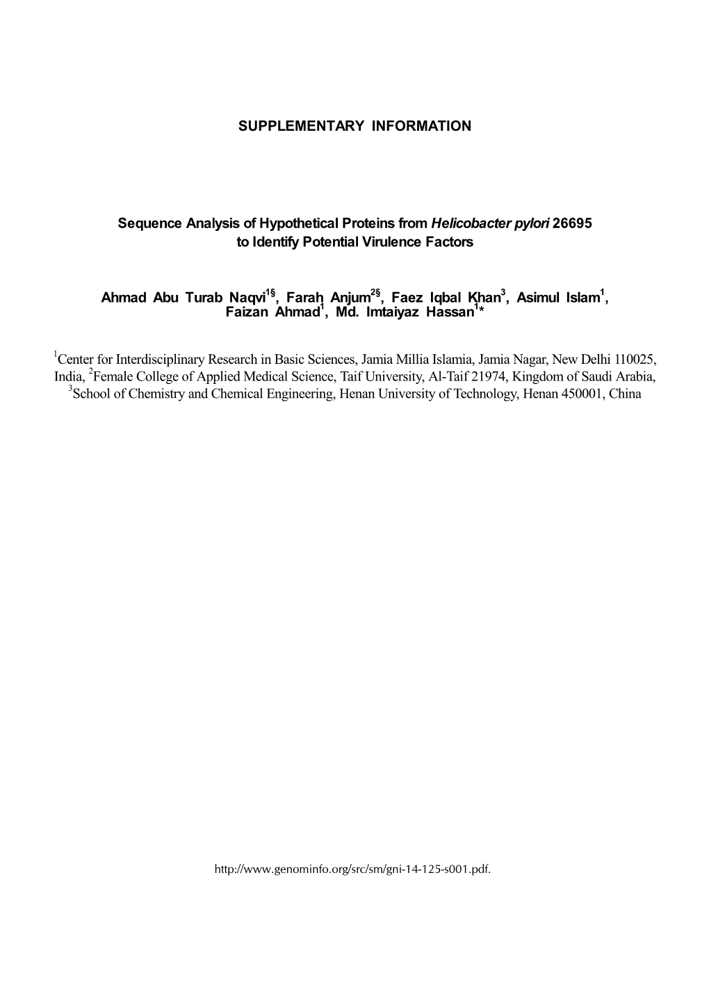 SUPPLEMENTARY INFORMATION Sequence Analysis of Hypothetical Proteins from Helicobacter Pylori 26695 to Identify Potential Virule