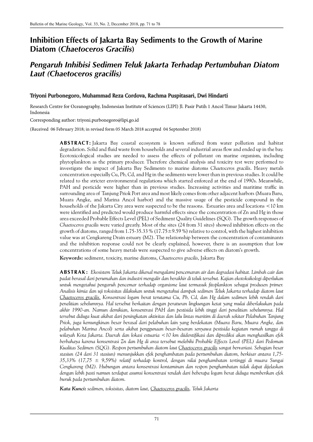 Inhibition Effects of Jakarta Bay Sediments to the Growth of Marine Diatom