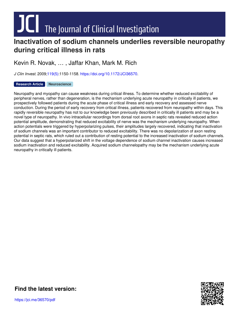 Inactivation of Sodium Channels Underlies Reversible Neuropathy During Critical Illness in Rats