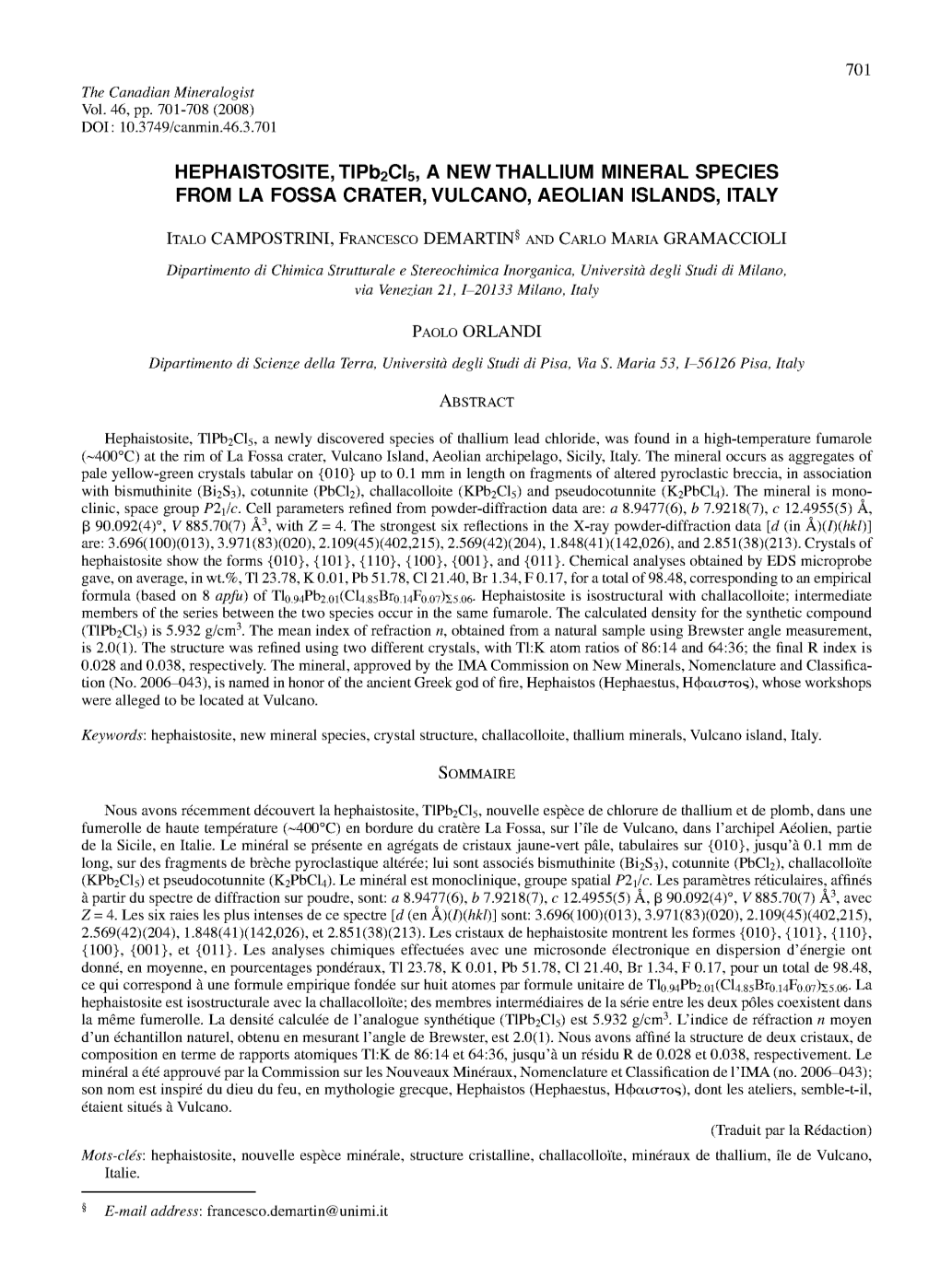 HEPHAISTOSITE, Tipb2cls, a NEW THALLIUM MINERAL SPECIES from LA FOSSA CRATER, VULCANO, AEOLIAN ISLANDS, ITALY