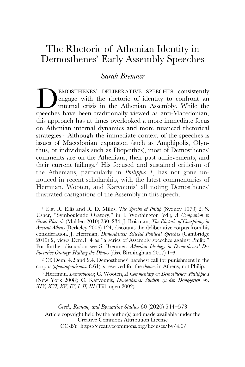 The Rhetoric of Athenian Identity in Demosthenes' Early Assembly Speeches