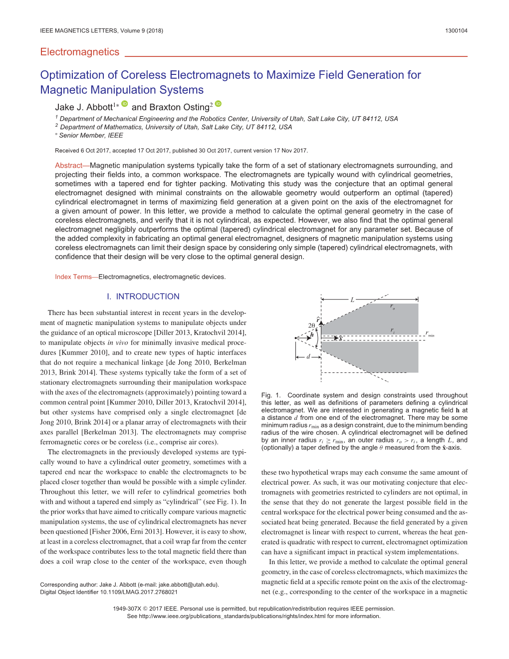 Optimization of Coreless Electromagnets to Maximize Field Generation for Magnetic Manipulation Systems Jake J