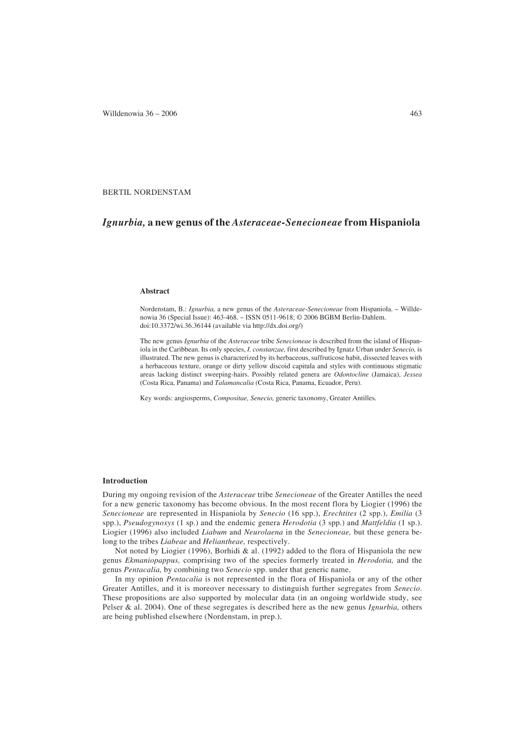 Ignurbia, a New Genus of the Asteraceae-Senecioneae from Hispaniola