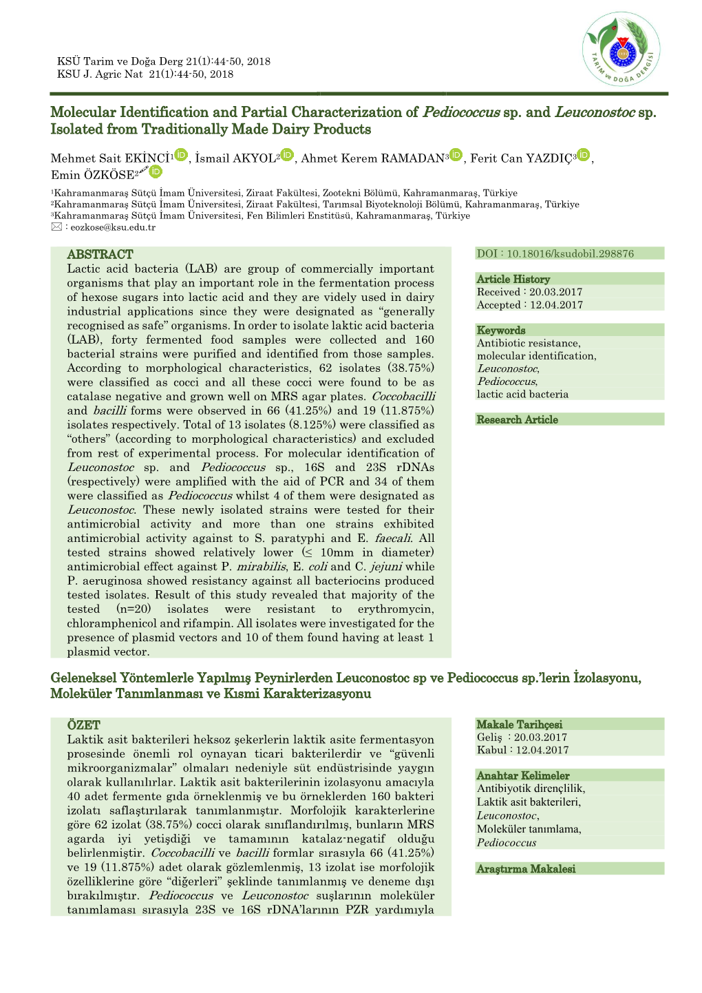 Molecular Identification and Partial Characterization of Pediococcus Sp