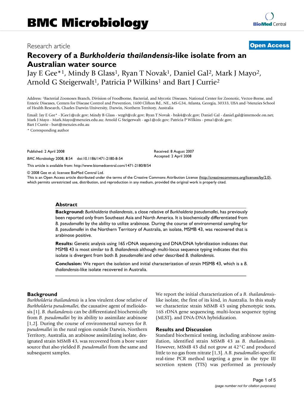 Recovery of a Burkholderia Thailandensis-Like Isolate from An