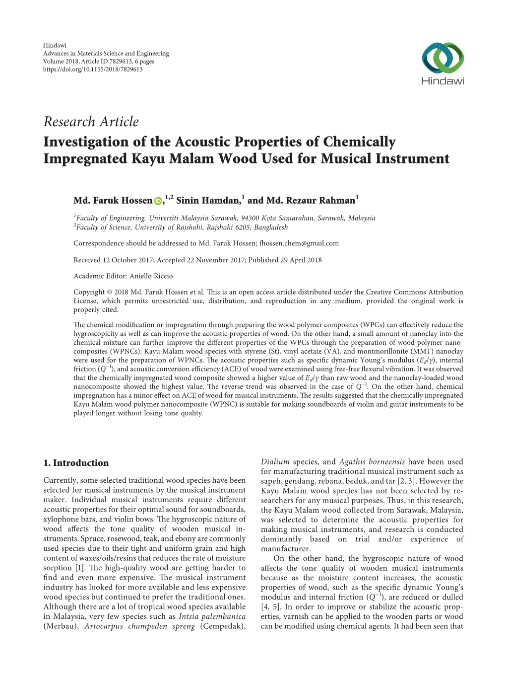 Research Article Investigation of the Acoustic Properties of Chemically Impregnated Kayu Malam Wood Used for Musical Instrument