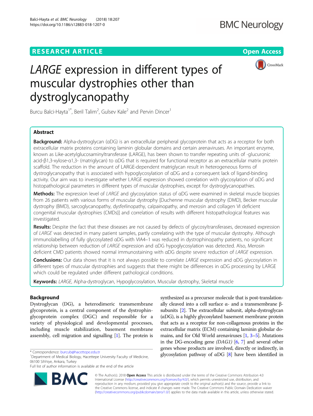 LARGE Expression in Different Types of Muscular Dystrophies Other Than Dystroglycanopathy Burcu Balci-Hayta1*, Beril Talim2, Gulsev Kale2 and Pervin Dincer1