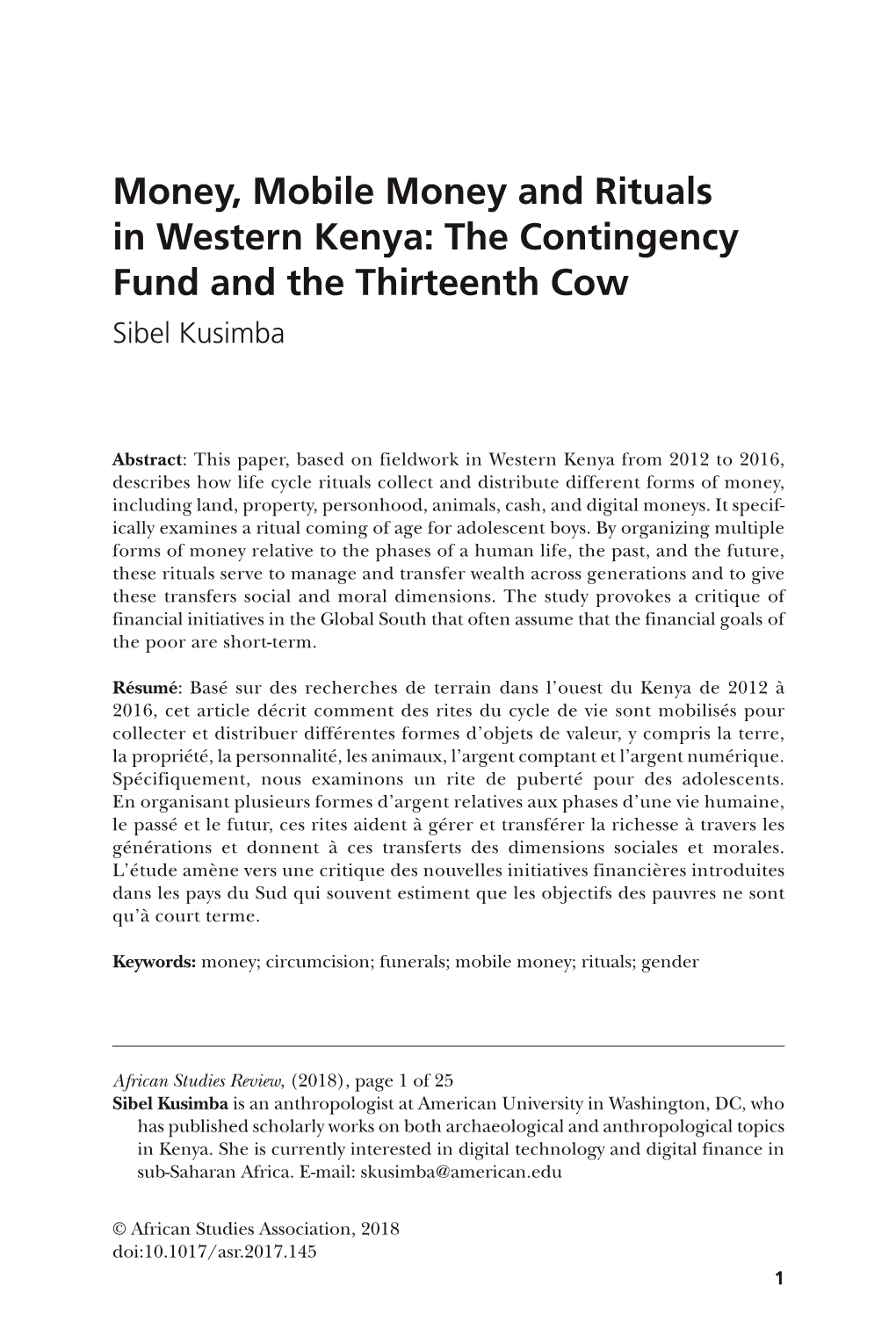 The Contingency Fund and the Thirteenth Cow Sibel Kusimba