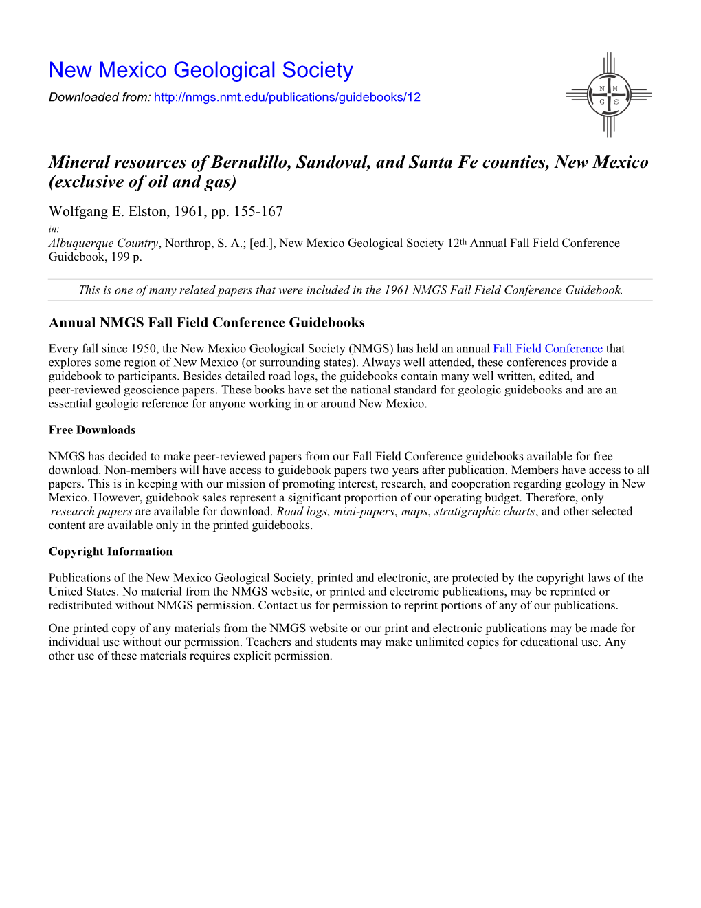 Mineral Resources of Bernalillo, Sandoval, and Santa Fe Counties, New Mexico (Exclusive of Oil and Gas) Wolfgang E