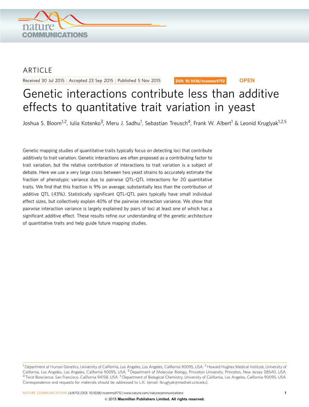 Genetic Interactions Contribute Less Than Additive Effects to Quantitative Trait Variation in Yeast