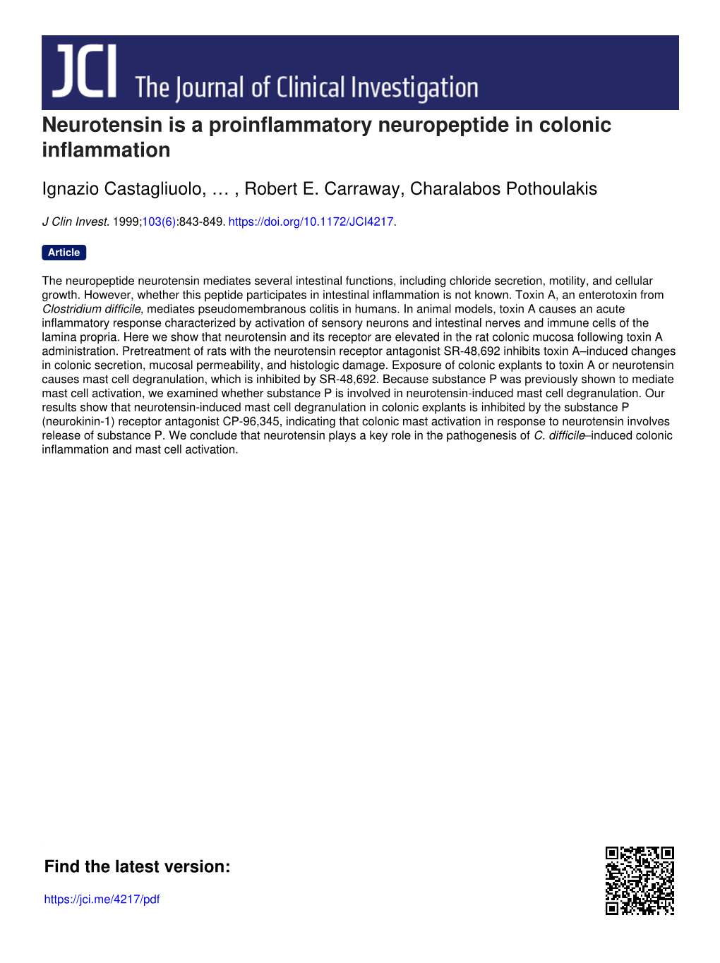 Neurotensin Is a Proinflammatory Neuropeptide in Colonic Inflammation