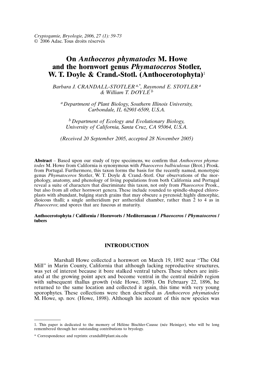 On Anthoceros Phymatodes M. Howe and the Hornwort Genus Phymatoceros Stotler, W. T. Doyle & Crand.-Stotl. (Anthocerotophyta)