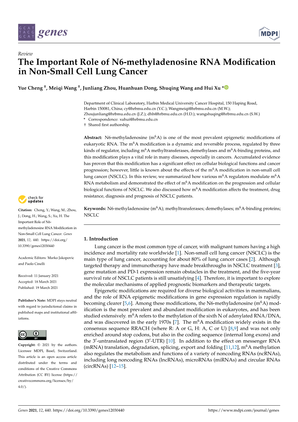 The Important Role of N6-Methyladenosine RNA Modiﬁcation in Non-Small Cell Lung Cancer