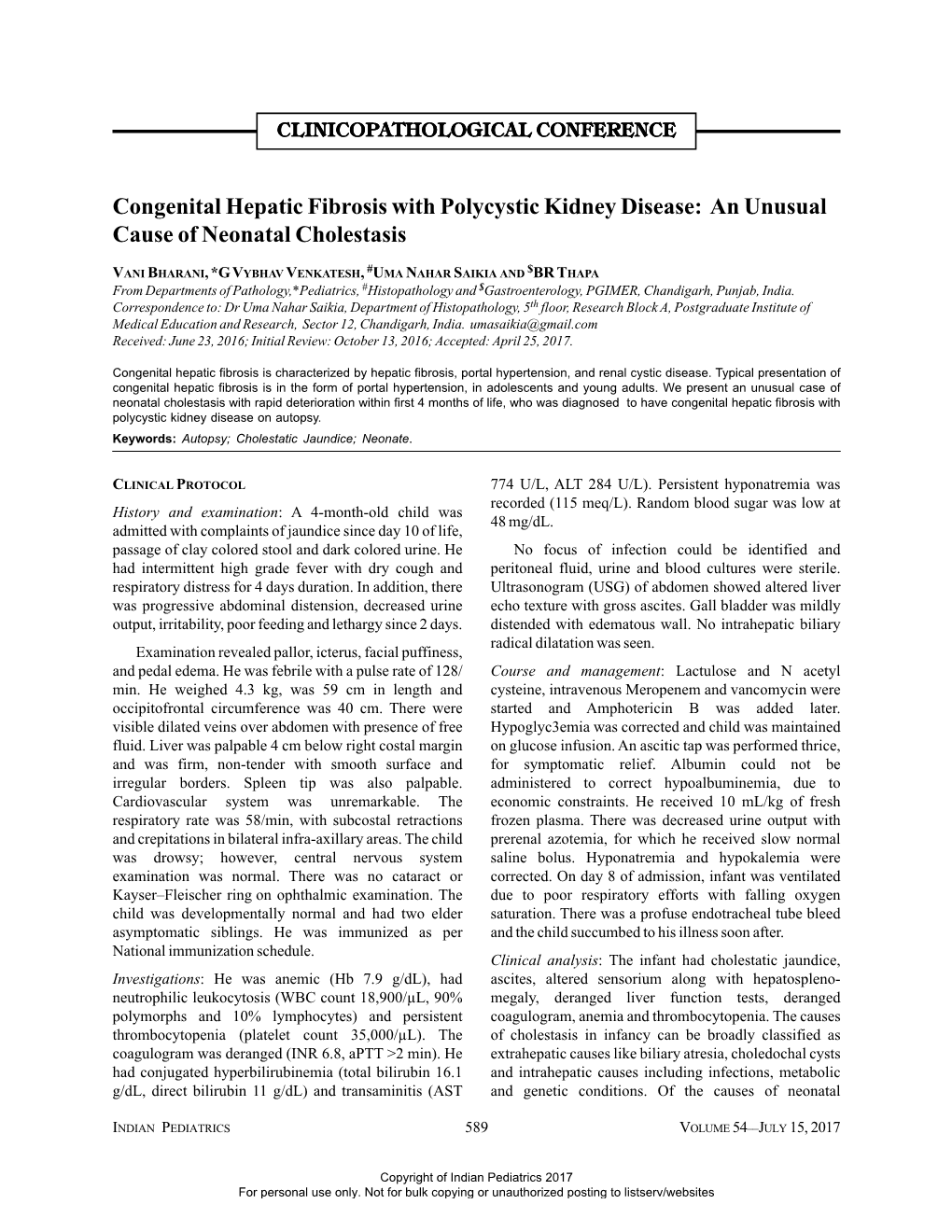Congenital Hepatic Fibrosis with Polycystic Kidney Disease: an Unusual Cause of Neonatal Cholestasis