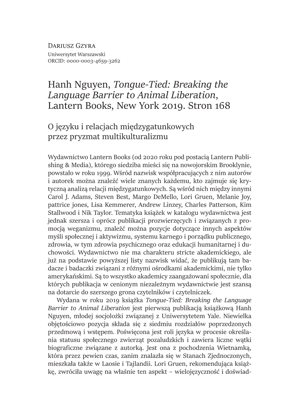 Hanh Nguyen, Tongue-Tied: Breaking the Language Barrier to Animal Liberation, Lantern Books, New York 2019