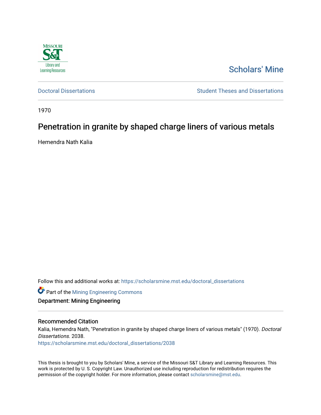 Penetration in Granite by Shaped Charge Liners of Various Metals