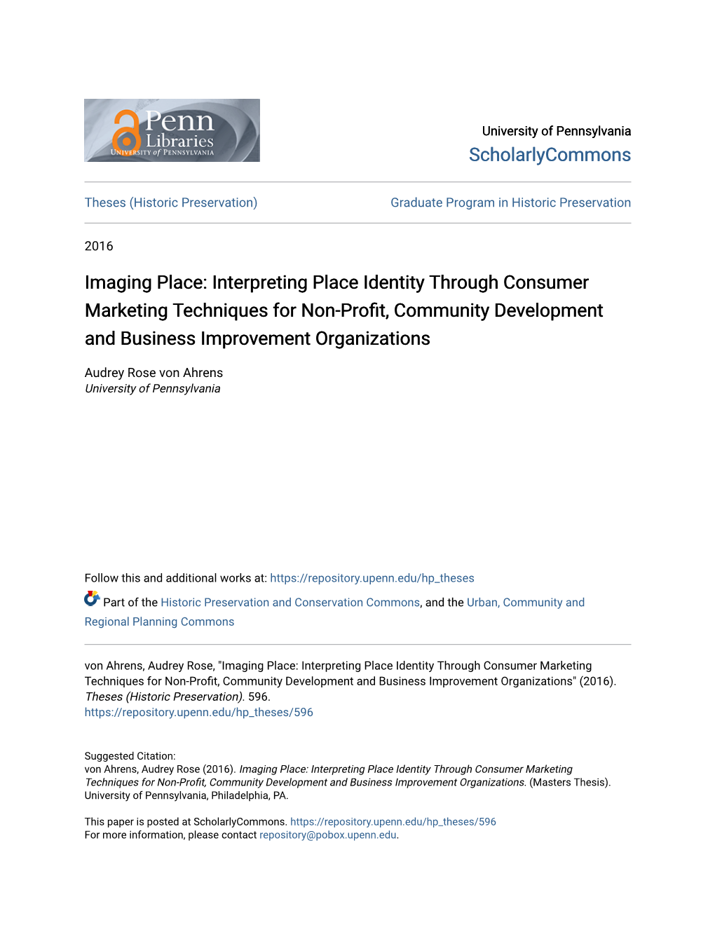 Interpreting Place Identity Through Consumer Marketing Techniques for Non-Profit, Community Development and Business Improvement Organizations