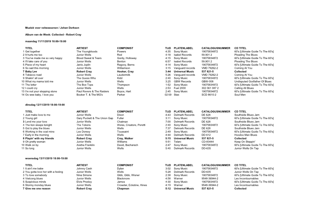 Muziek Voor Volwassenen / Johan Derksen Maandag 11/11/2019 18