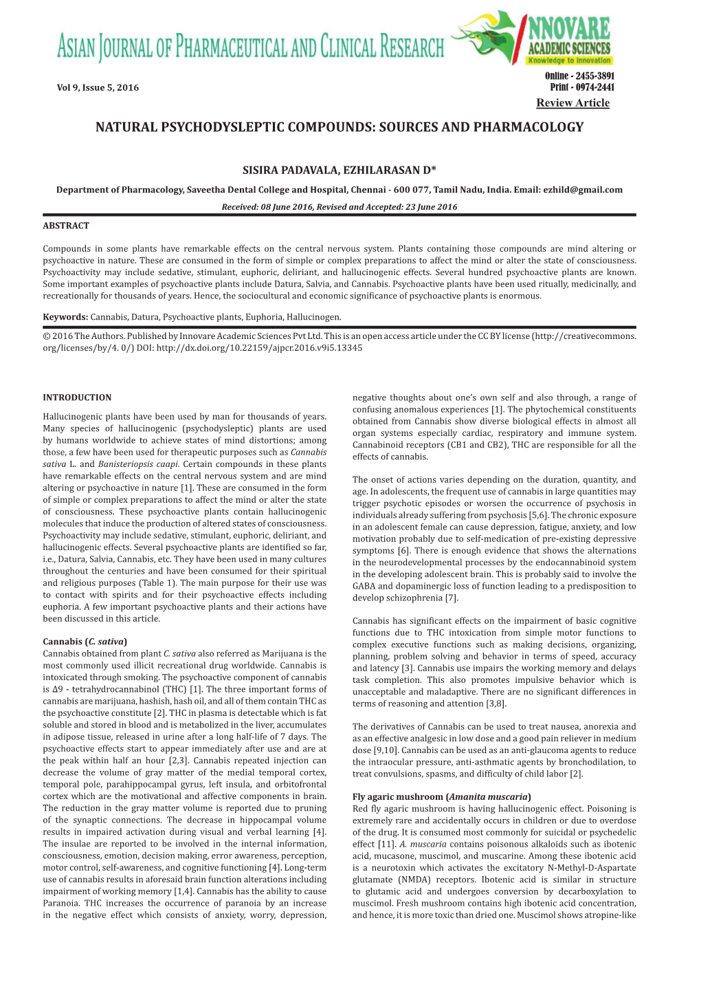 Natural Psychodysleptic Compounds: Sources and Pharmacology