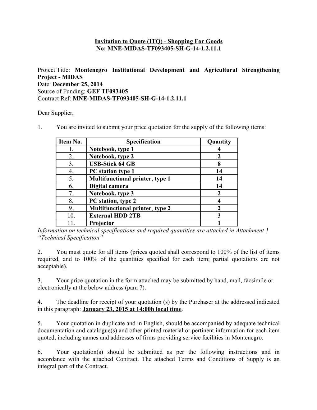 Invitation to Quote (ITQ) - Shopping for Goods