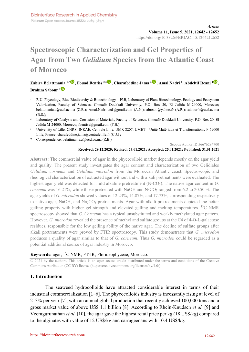 Spectroscopic Characterization and Gel Properties of Agar from Two Gelidium Species from the Atlantic Coast of Morocco