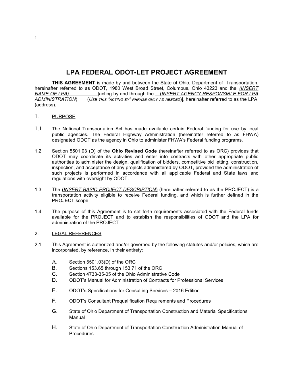 Lpa Federal Odot-Let Project Agreement